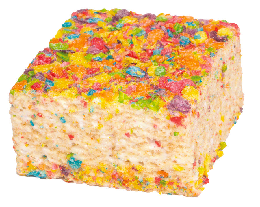 Crispery Fruity Crispy Pebbles Crispycake: colorful square rice crispy bar with rainbow cereal pieces