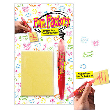 Fun Works Edible Paper and Pen with red marker and yellow notepad in fun factory package