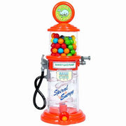 Orange plastic gas pump candy dispenser with gumballs and silver nozzle