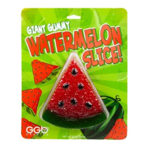 Giant red gummy watermelon slice with black seeds and glossy finish