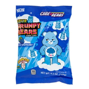 Sour Raspberry Grumpy Bears peg bag with blue-packaged cartoon bear candy