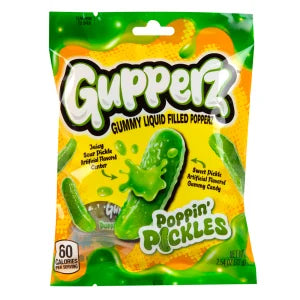 Gupperz Poppin Pickles green gummy pickle candies in orange green package