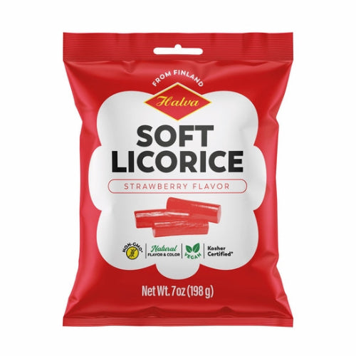 Red plastic bag of Halva strawberry licorice