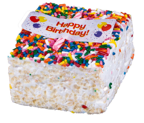 Square white-frosted Crispery Happy Birthday Crispycake with rainbow sprinkles and banner