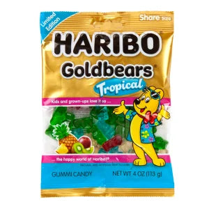Haribo Tropical Gold Bears gummy candy in gold blue package