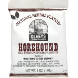 Claeys Horehound Candy Drops in white and brown peg bag with soothing herbal throat relief