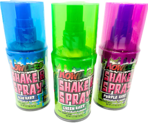 Three colorful Howlers Shake & Spray Candy bottles with transparent plastic, vibrant blue, green, purple caps and labels