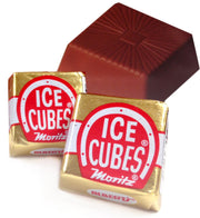 Gold-wrapped ice cubes candies with red and white branding, square chocolate interior, Ice Cubes 1 ea