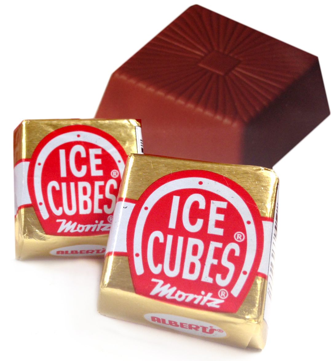 Gold-wrapped ice cubes candies with red and white branding, square chocolate interior, Ice Cubes 1 ea