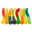 Colorful translucent Gummy Inch Worms in red, yellow, green, blue, orange hues