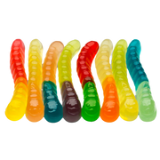Colorful translucent Gummy Inch Worms in red, yellow, green, blue, orange hues