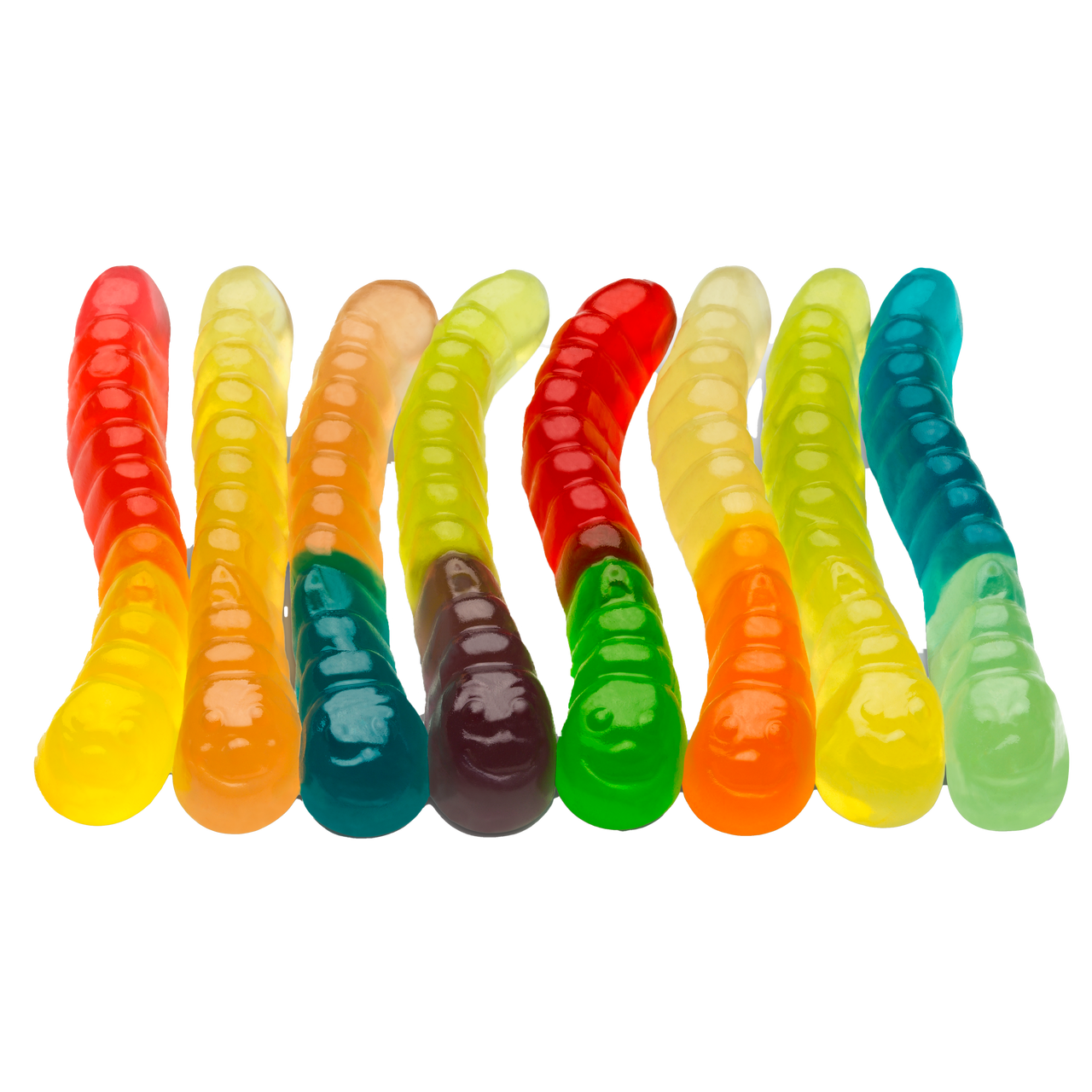 Colorful translucent Gummy Inch Worms in red, yellow, green, blue, orange hues