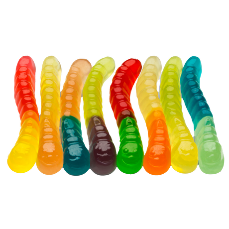Colorful translucent Gummy Inch Worms in red, yellow, green, blue, orange hues