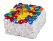 Crispery Jelly Beans Crispycake: white rice crispy treat with rainbow candy topping