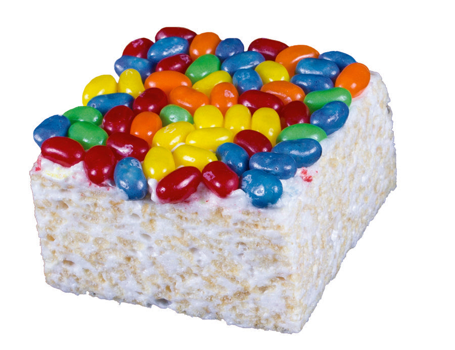 Crispery Jelly Beans Crispycake: white rice crispy treat with rainbow candy topping