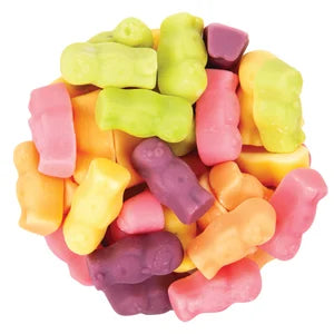 Colorful Jelly Babies gummy bears in pink, yellow, green, purple