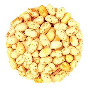 Pile of creamy white and yellow speckled navy beans in Jelly Belly Caramel Corn Jelly Beans
