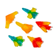 Colorful translucent Jet Fighter Gummies shaped like jets in vibrant gradients