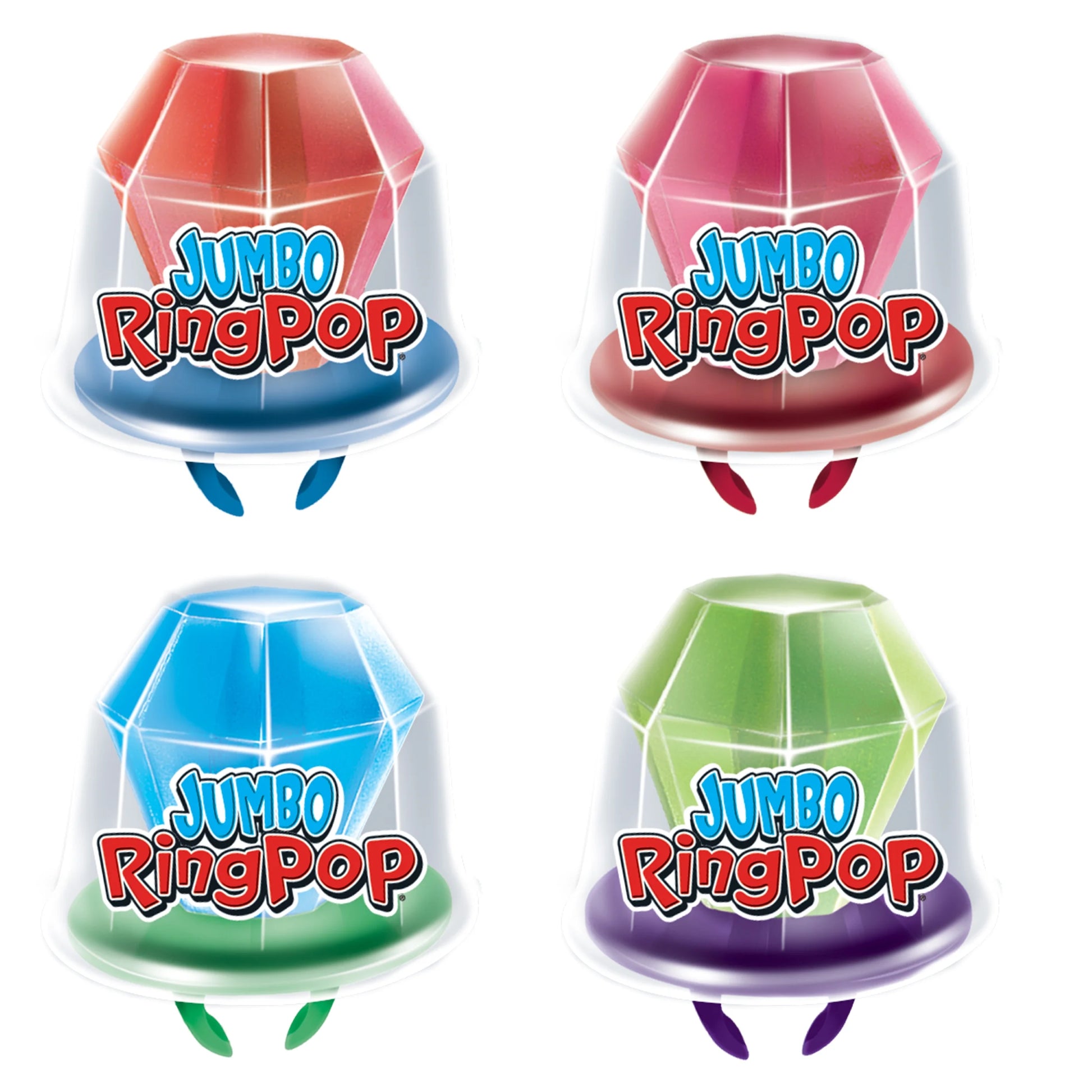 Jumbo Ring Pop 0.7 oz candies in vibrant red, pink, blue, green jewel shapes