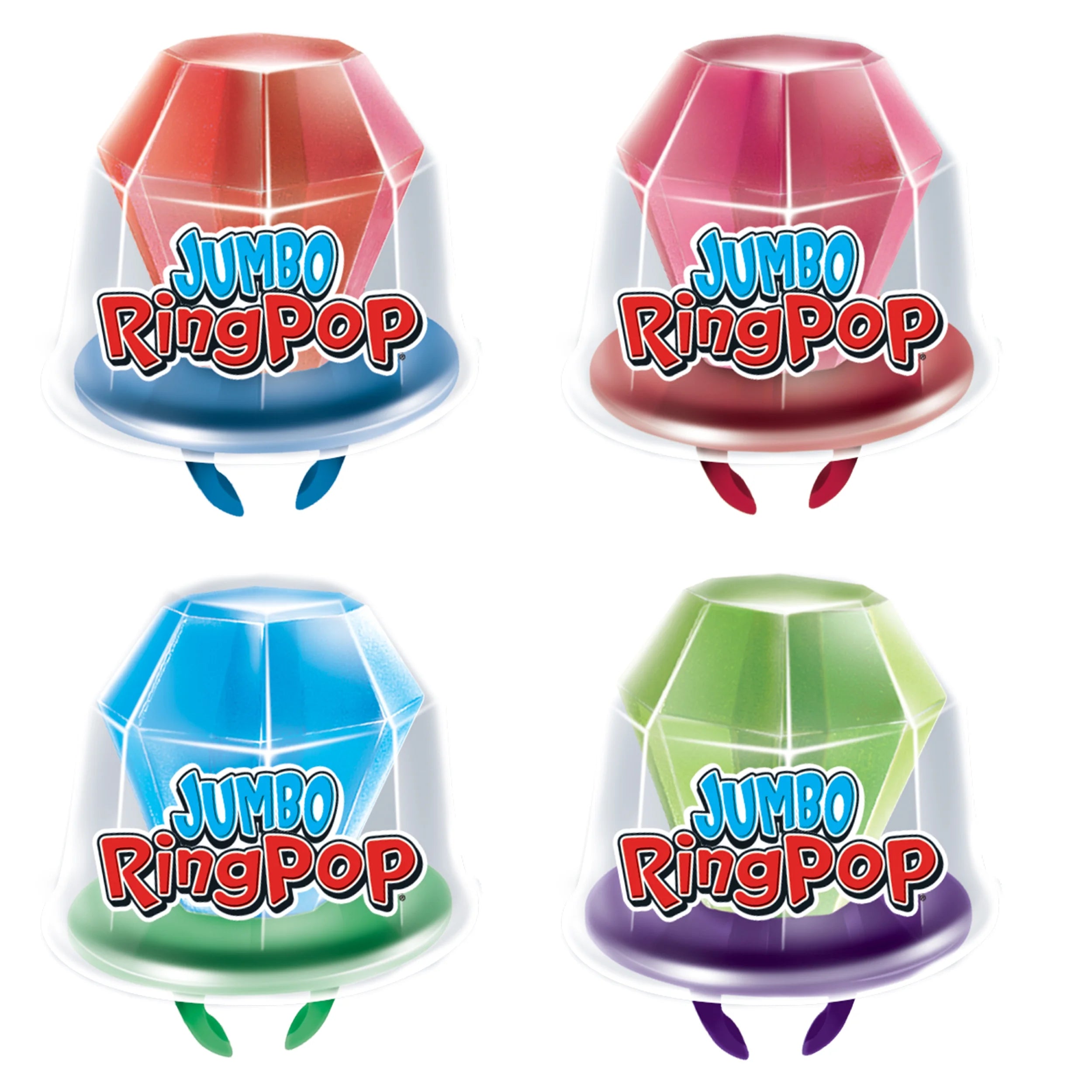 Jumbo Ring Pop 0.7 oz candies in vibrant red, pink, blue, green jewel shapes
