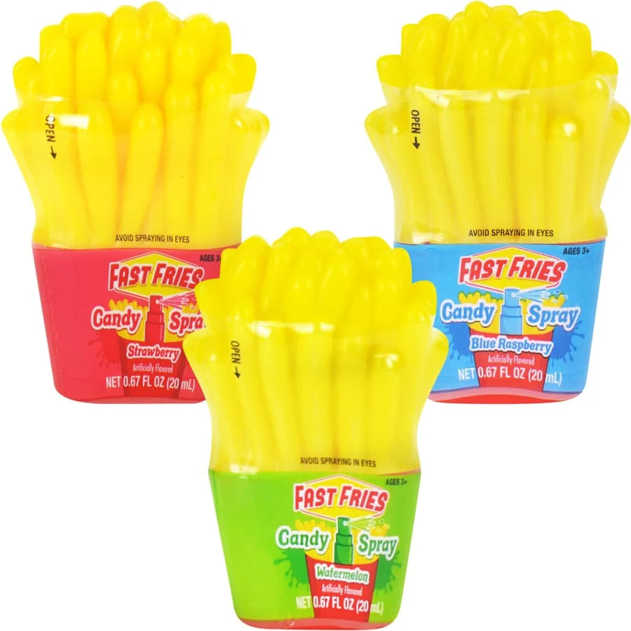 Bright yellow french fry-shaped candy spray bottles in Fast Fries flavors