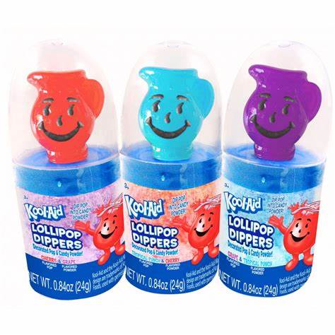 Three Kool-Aid Lollipop Dippers in clear containers with smiling pitcher heads