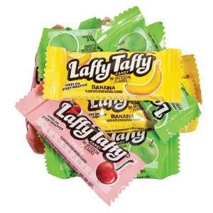 Laffy Taffy Mini banana flavor candy sticks in yellow and green wraps