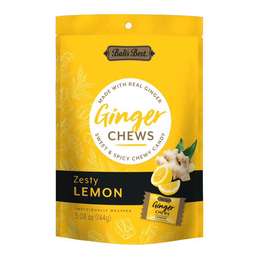 Bright yellow pouch of Bali’s Best Zesty Lemon Ginger Chews