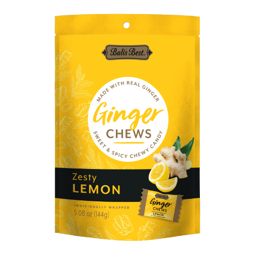Bright yellow pouch of Bali’s Best Zesty Lemon Ginger Chews