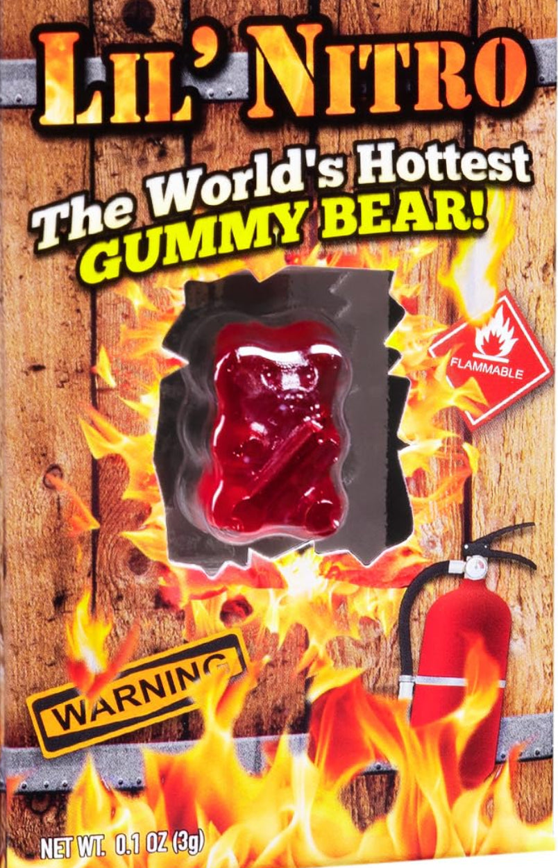 Red Lil Nitro gummy bear in box labeled worlds hottest