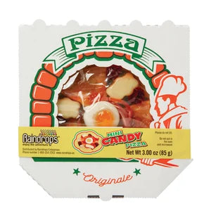 White cardboard pizza box for Little Gummy Pizza with cartoon chef and accents