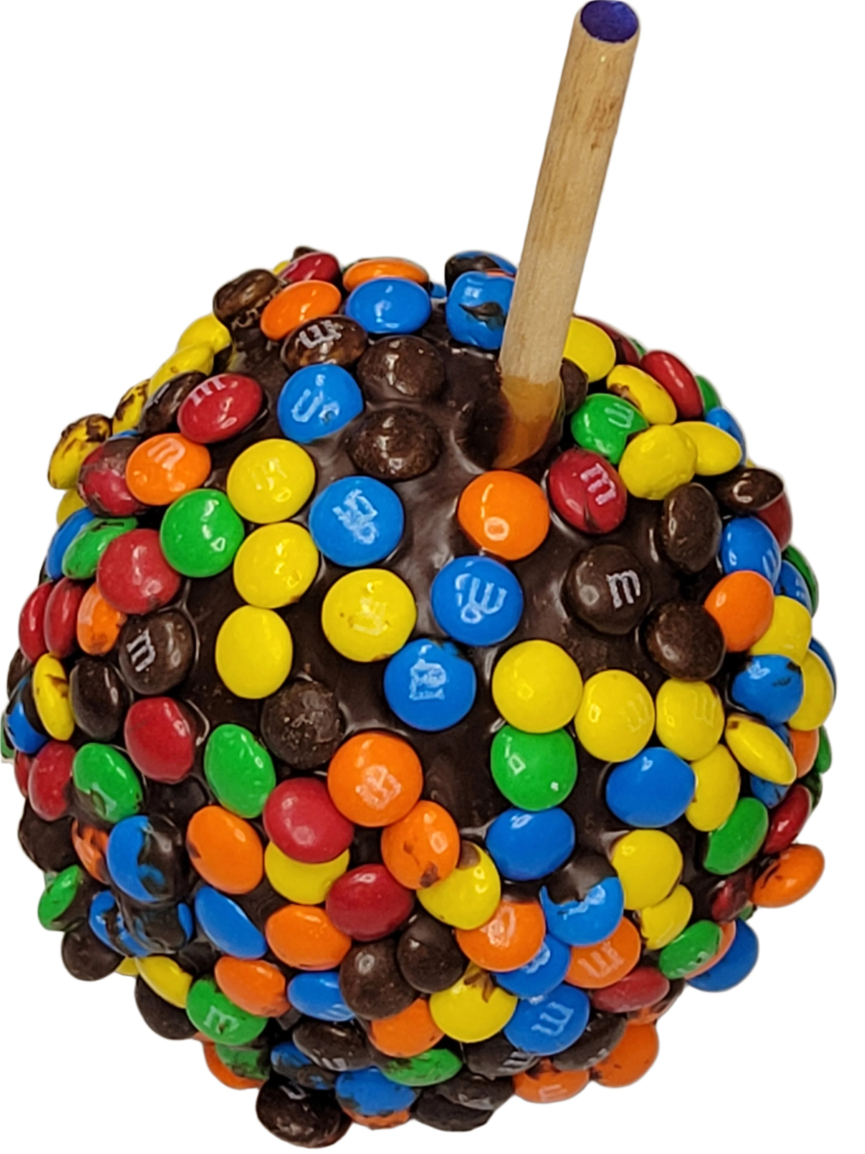 Glossy chocolate-covered apple with colorful M&M’s and stick for Apple M&M’s product