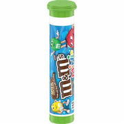 M&Ms Mini Mega Tube with green cap, milk chocolate candies, and colorful characters