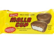 Yellow wrapped Mallo Cup chocolate marshmallow candy bar with brown and white filling