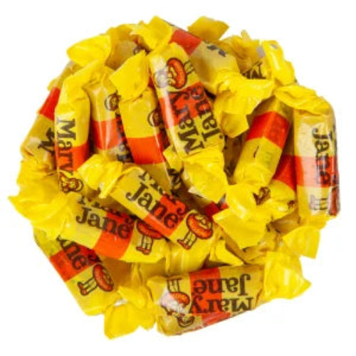 Pile of yellow and red wrapped Mary Janes Bite Size candies