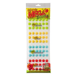 Vibrant Mega Sour Candy Buttons: colorful round package in yellow, green, blue, red