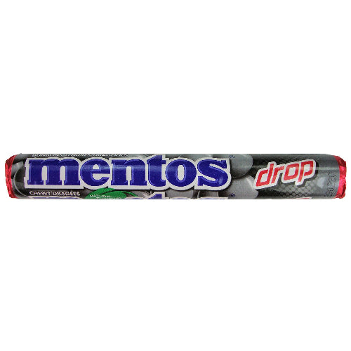 Mentos Drop Licorice Candy Roll in black silver wrapper with blue red branding