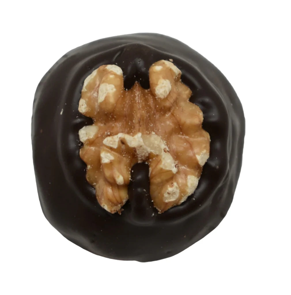 Fudgy Monkey Truffle 1.5oz: dark chocolate-covered walnut with halved nut