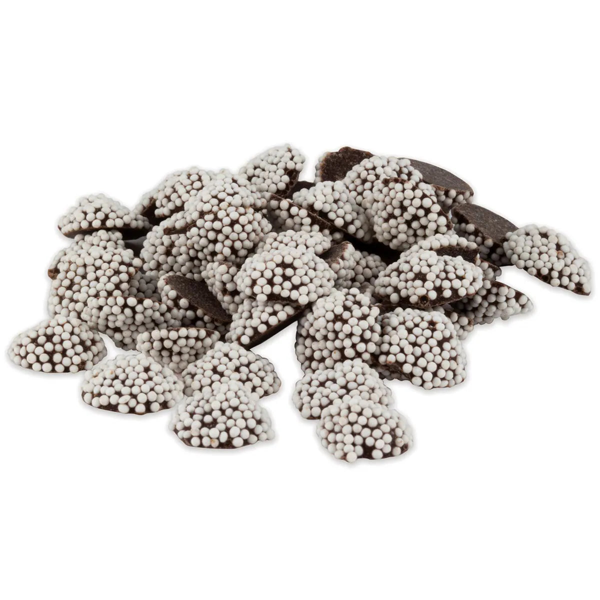Mini dark chocolate nonpareils coated in white sugar pearls