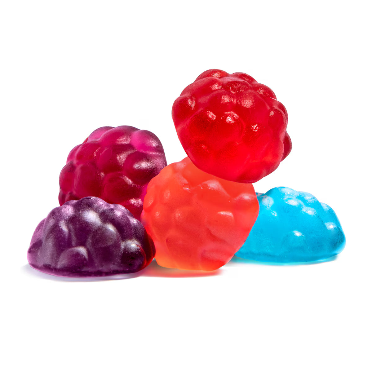 Vibrant translucent mixed gummi berries in red, pink, purple, orange, blue