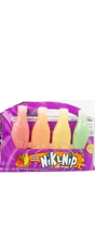 Nik-nak pink and orange gummy candies in purple Nik L Nip 4 Piece Wax Bottles package