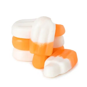 Orange & cream popsicle gummy candies in orange, white, yellow hues