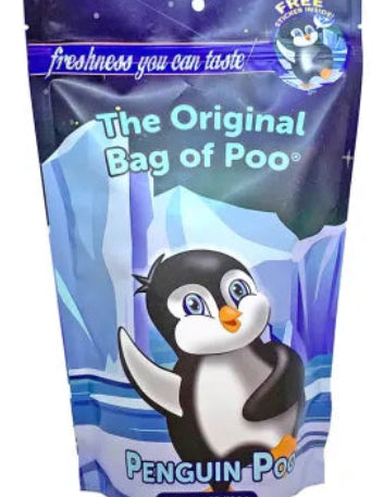 Cartoon penguin on Penguin Poo Vanilla Cotton Candy pouch