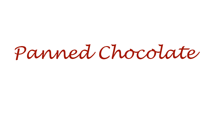 Red cursive panned chocolate text on white background in 4 piece sampler