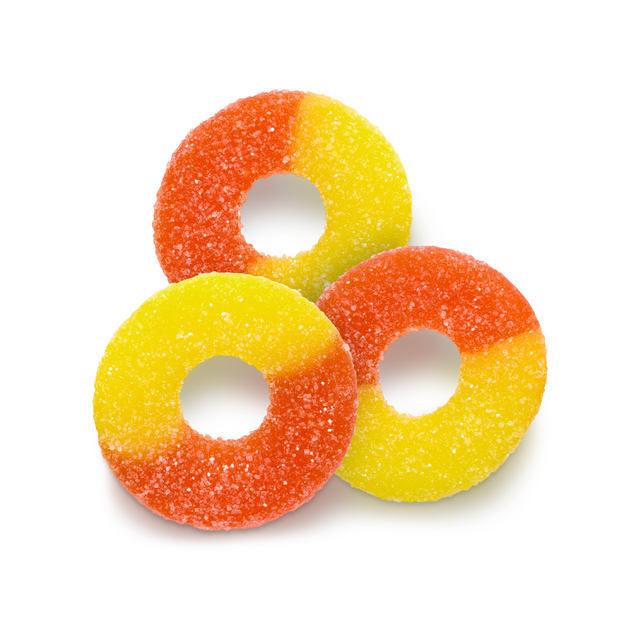 Vibrant orange and yellow sugar-coated Gummy Peach Rings