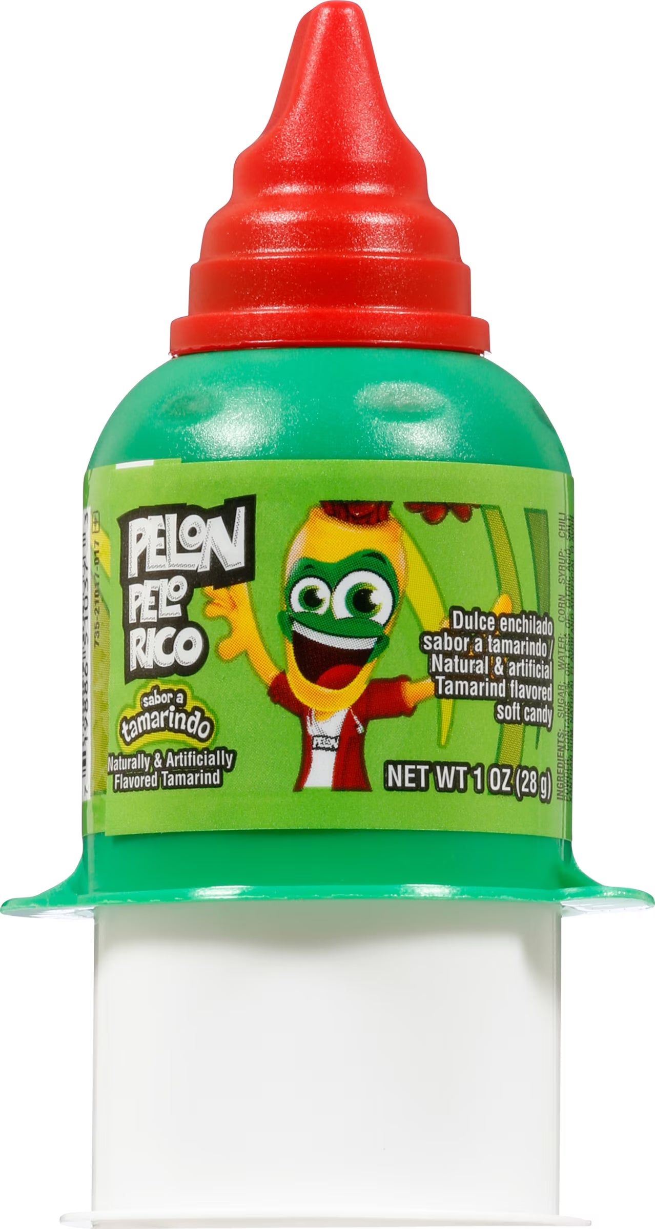 A bottle of Pelon Pepe Rico Watermelon flavored soft candy, featuring a green body, red cap, and a colorful label with a cartoon character.