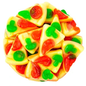 Colorful gummy pizza slices in yellow, green, and red