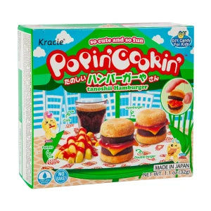 Popin Cookin Hamburger Shop candy kit with colorful caramelized burger candies