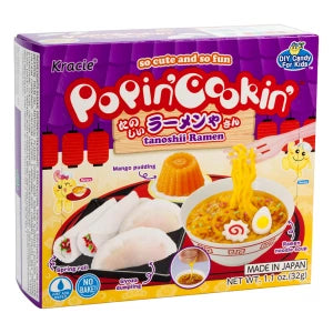 Cute pink and purple Popin Cookin ramen shop candy kit box with cartoon characters