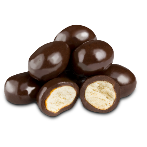 Shiny chocolate-covered pretzel bites with creamy almond interior